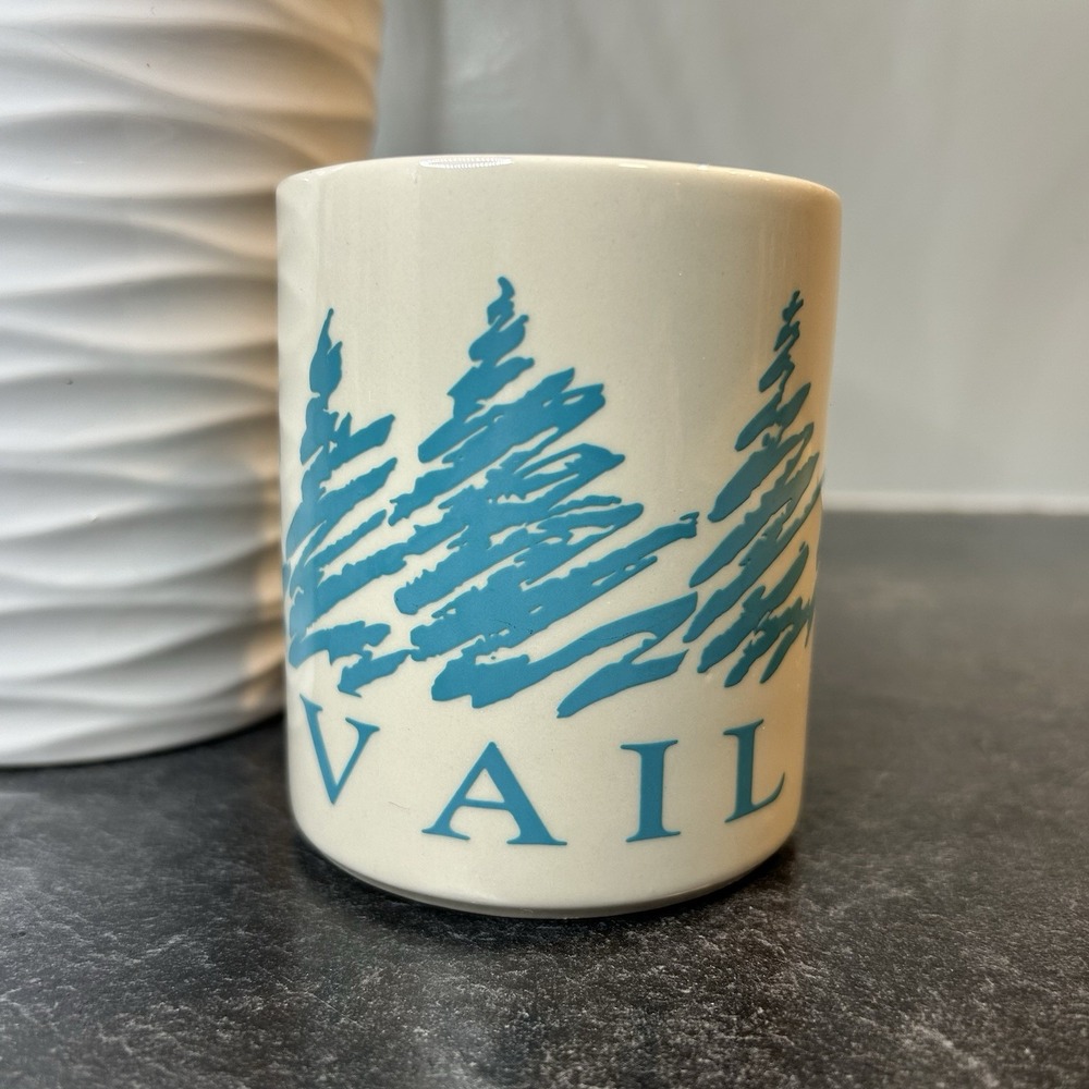 1991‎ Snow Business VAIL Blue Trees & Cream Ceramic Coffee Mug Cup NEW